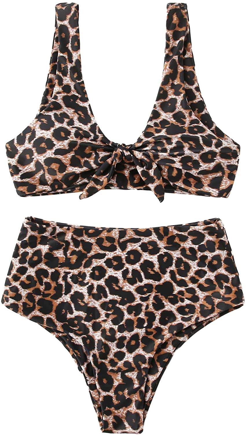 SweatyRocks Women's Sexy Bikini Swimsuit Tie Knot Front Leopard Print Swimwear Set Apparel & Accessories > Clothing > Swimwear SweatyRocks Leoprad-brown Small 