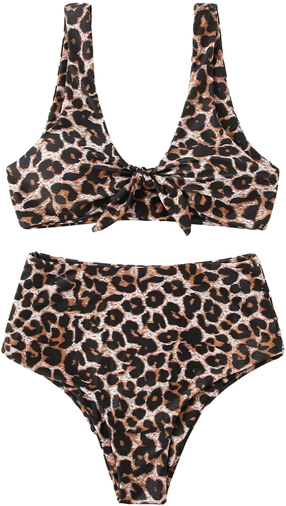 SweatyRocks Women's Sexy Bikini Swimsuit Tie Knot Front Leopard Print Swimwear Set Apparel & Accessories > Clothing > Swimwear SweatyRocks Leoprad-brown Small 