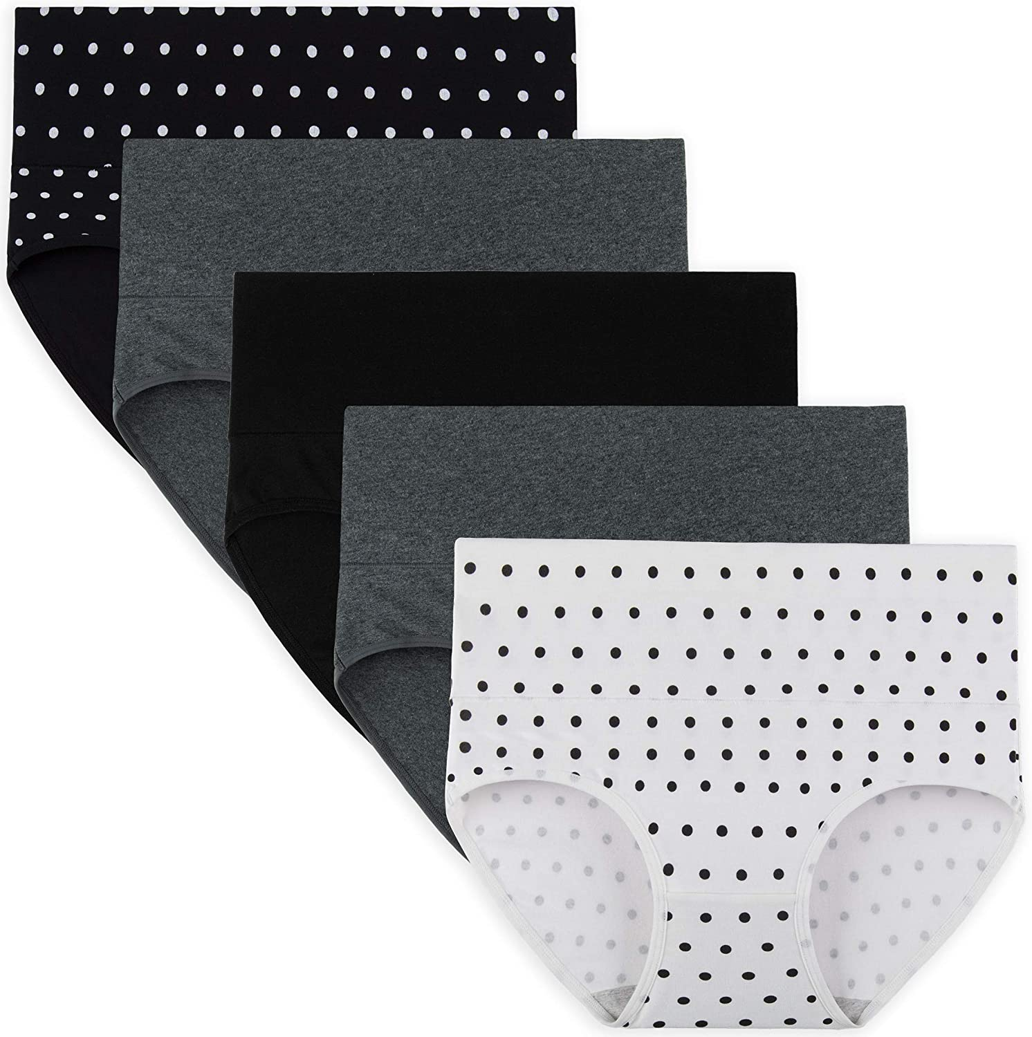 INNERSY Womens High Waisted Underwear Cotton Panties Regular & plus Size 5-Pack Apparel & Accessories > Clothing > Underwear & Socks > Underwear INNERSY Solid Colors and Polka Dot X-Large 