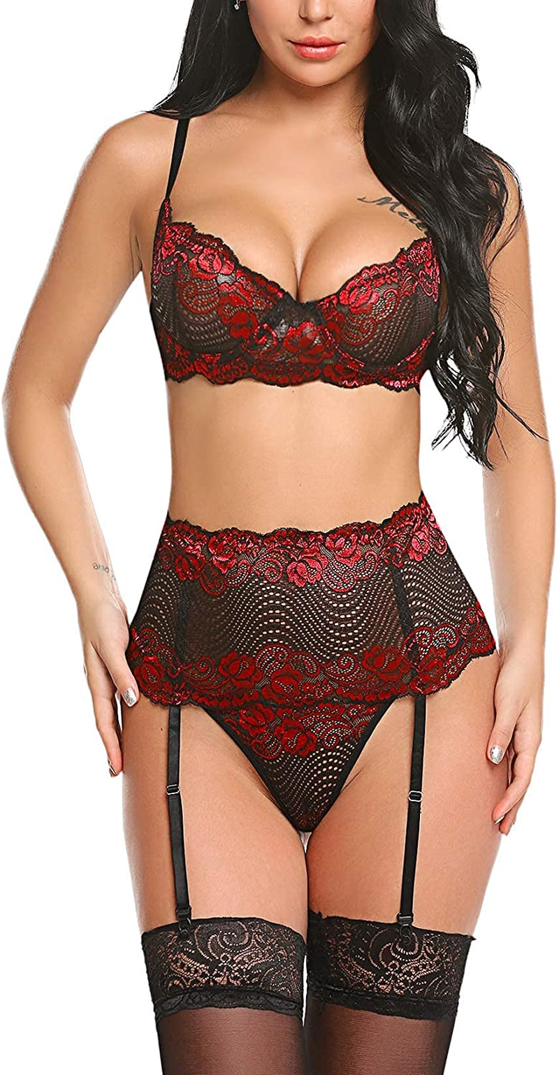 Avidlove Women Lingerie Set with Garter Belts Sexy Bra and Panty Underwire Lingerie Sets Apparel & Accessories > Clothing > Underwear & Socks > Lingerie Avidlove Red Medium 