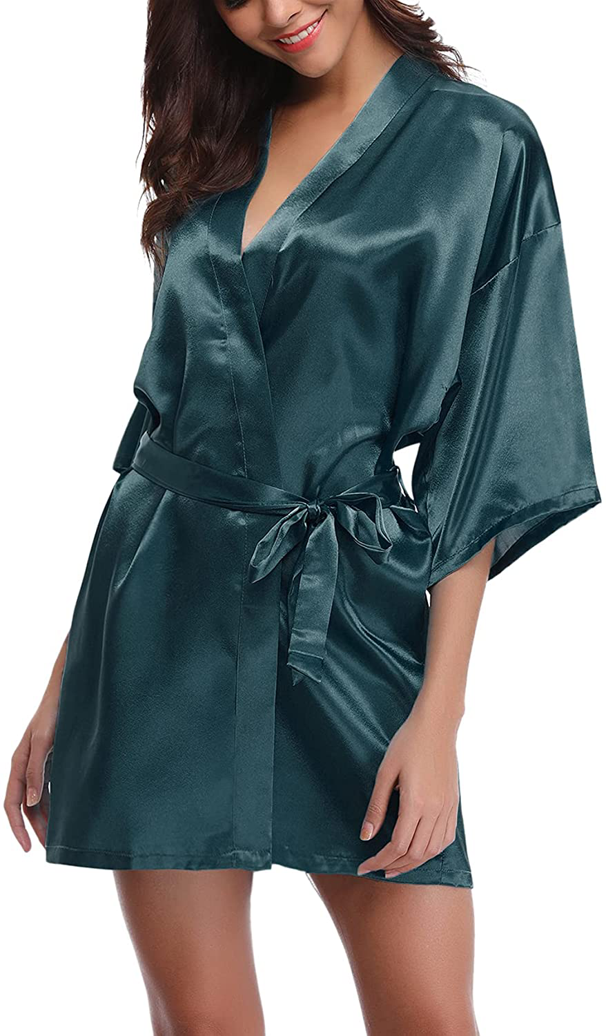 Litherday Women'S Kimono Robe Silk Bathrobe Sleepwear Short Satin Robes for Bridal Bridesmaids Dressing Gown Apparel & Accessories > Clothing > Sleepwear & Loungewear > Robes Litherday Dark Green Medium 
