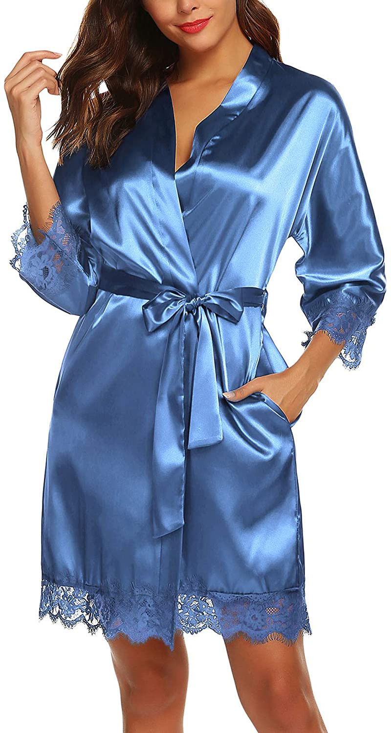 URRU Women'S Satin Silk Bathrobe Oblique V-Neck Short Kimono Robe Bridesmaids Robe S-XXXL Apparel & Accessories > Clothing > Sleepwear & Loungewear > Robes KYLIE MAX   