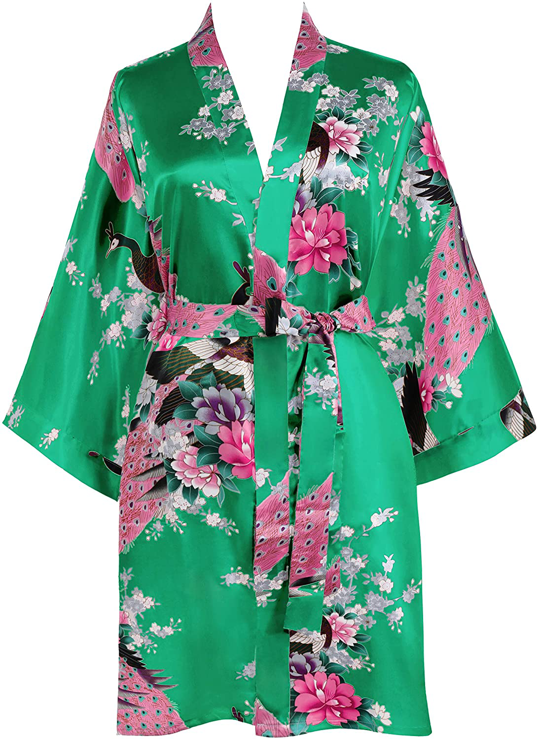 BABEYOND Short Kimono Robe Blouse Peacock Printed Kimono Cover up Loose Cardigen Apparel & Accessories > Clothing > Sleepwear & Loungewear > Robes KYLIE MAX Green  