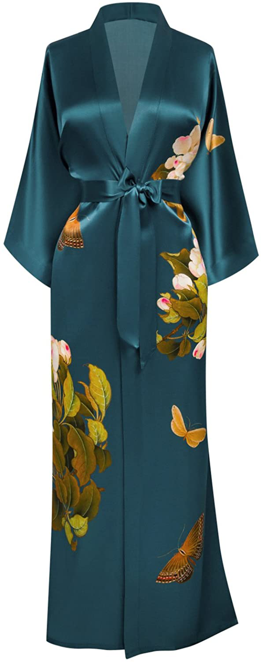 KIM+ONO Women'S Washable Silk Kimono Robe Long - Floral Print Apparel & Accessories > Clothing > Sleepwear & Loungewear > Robes KIM+ONO Peony & Butterfly- Vintage Teal  