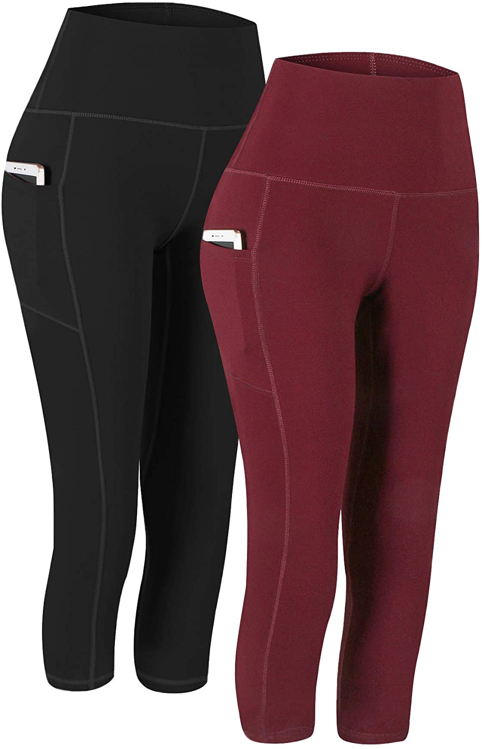 Fengbay 2 Pack High Waist Yoga Pants, Pocket Yoga Pants Tummy Control Workout Running 4 Way Stretch Yoga Leggings Apparel & Accessories > Clothing > Activewear Fengbay Capris Black & Wine Large 