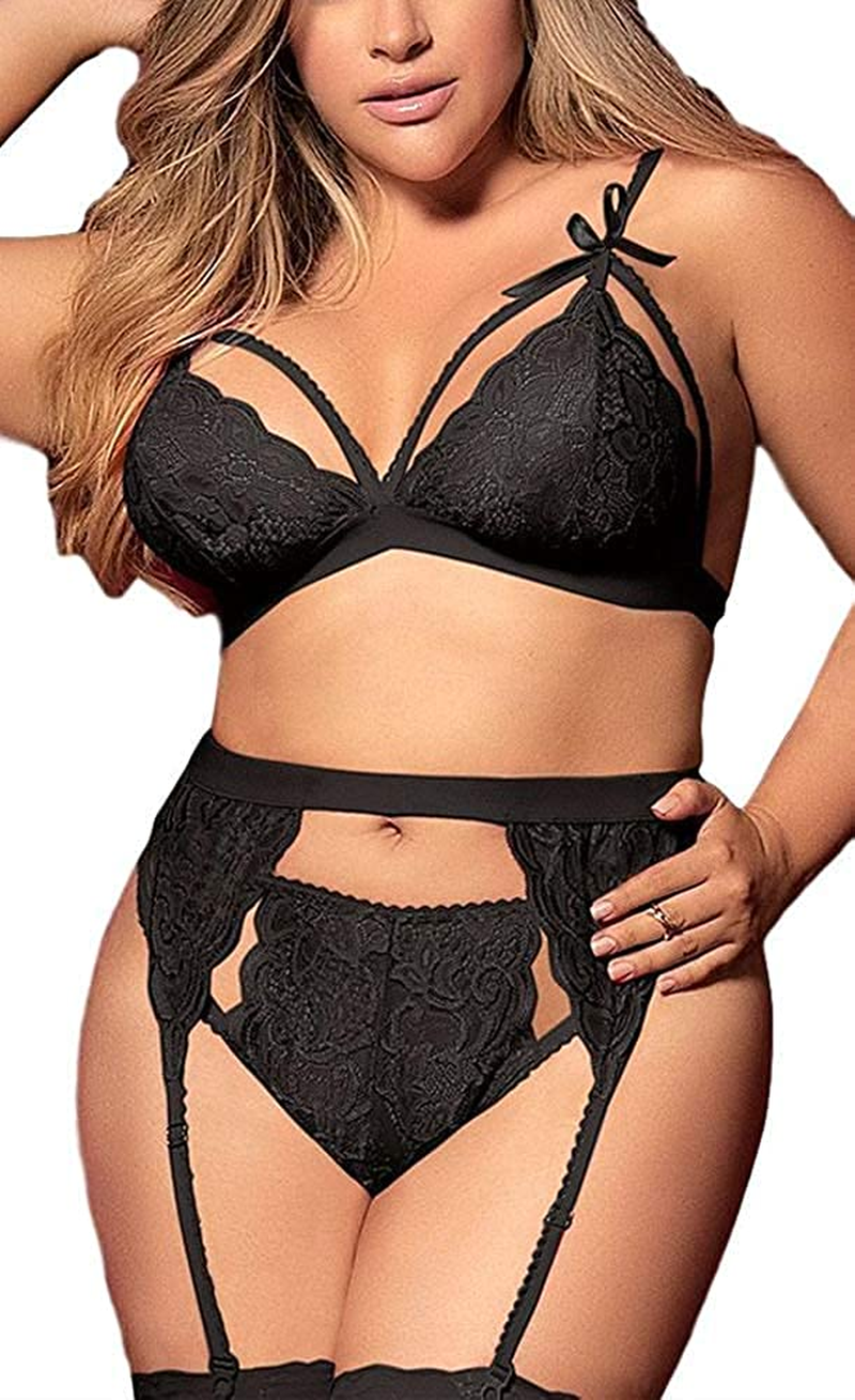 Women plus Size Lingerie Set with Garter Belt 3 Piece Sexy Strap Bra and Panty Lace Bodysuit Apparel & Accessories > Clothing > Underwear & Socks > Lingerie KYLIE MAX Black 4X-Large 