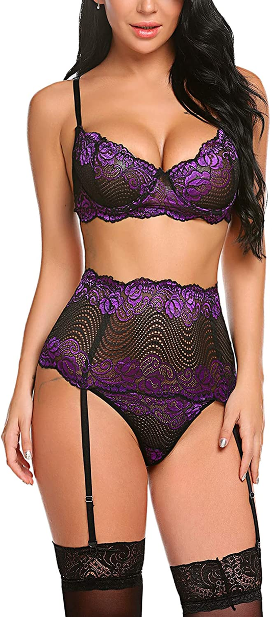 Avidlove Women Lingerie Set with Garter Belts Sexy Bra and Panty Underwire Lingerie Sets Apparel & Accessories > Clothing > Underwear & Socks > Lingerie Avidlove Purple Small 