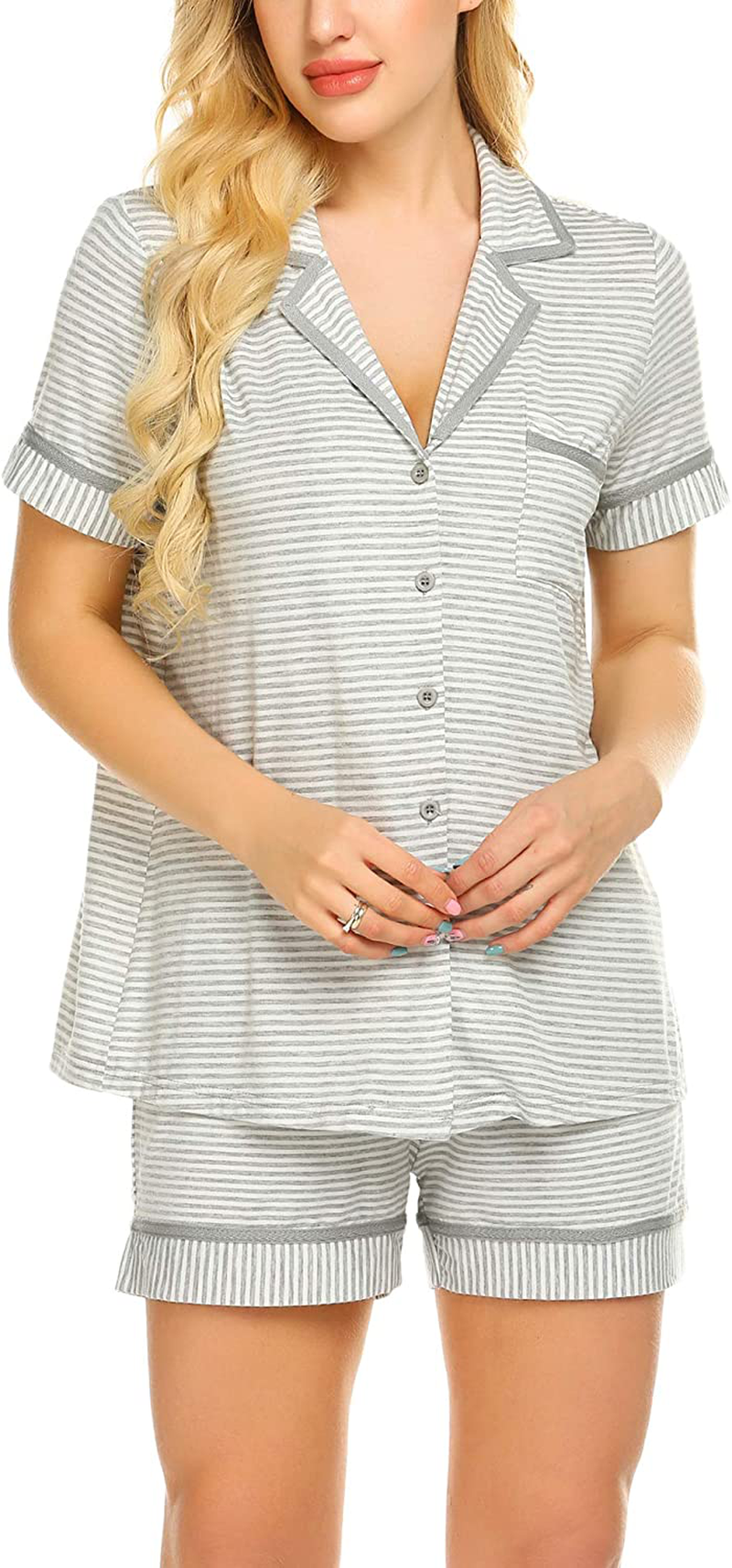 Ekouaer Pajamas Soft Striped Women's Short Sleeve Button Sleepwear Shorts Shirt PJ Set(S-XXL) Apparel & Accessories > Clothing > Sleepwear & Loungewear > Pajamas Ekouaer D-light Grey Striped Large 