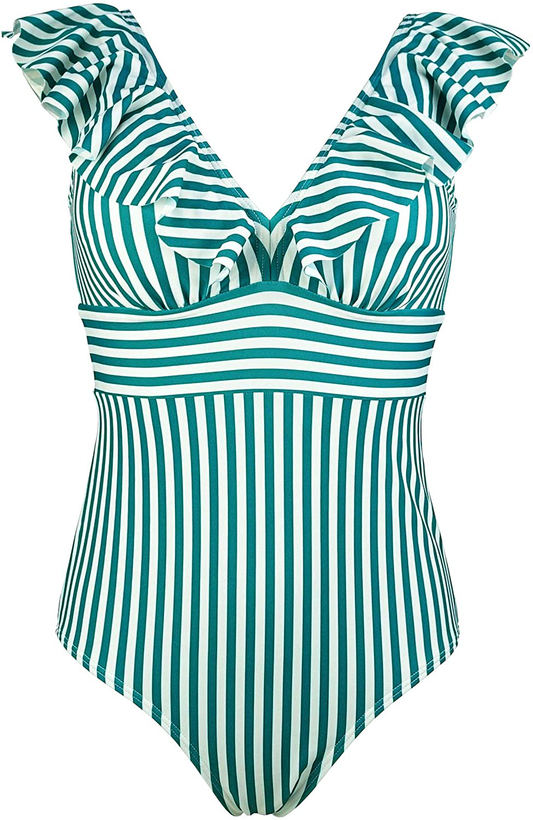 COCOSHIP Women'S One Piece Bather Deep V Neckline Bikini Striped Front Backless Swimsuit Flounce Ruffle Swimwear Apparel & Accessories > Clothing > Swimwear Kylie Max   