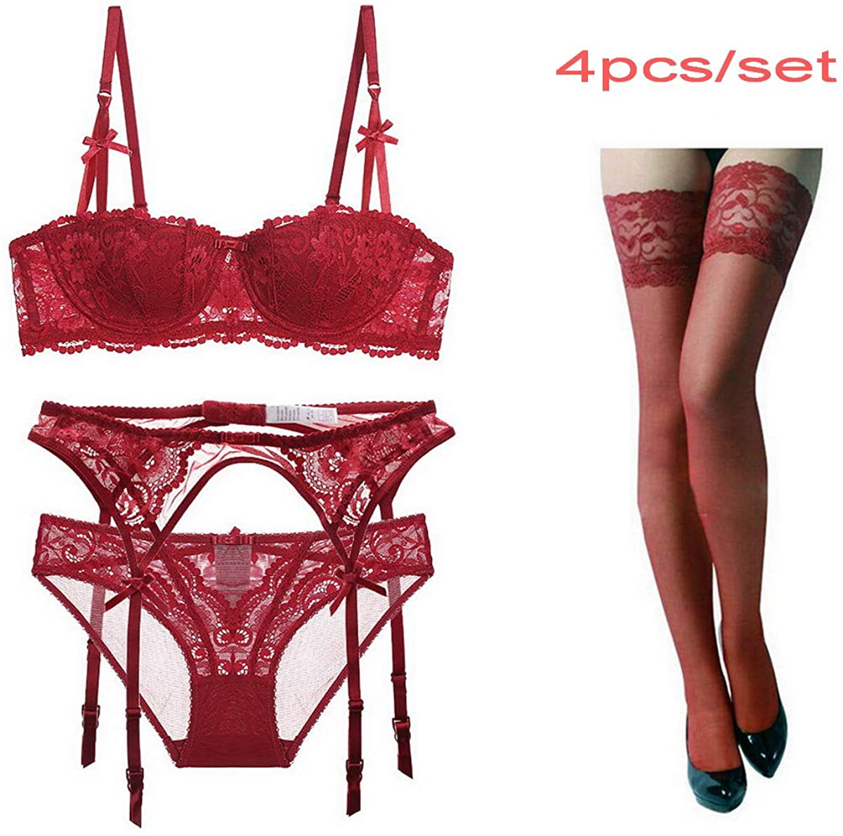 Women Push up Embroidery Bras Set Lace Lingerie Bra and Panty & Garter Belt Suspender & Thigh High Stocking Socks 4 Piece/Set Apparel & Accessories > Clothing > Underwear & Socks > Lingerie Bluewhalebaby   