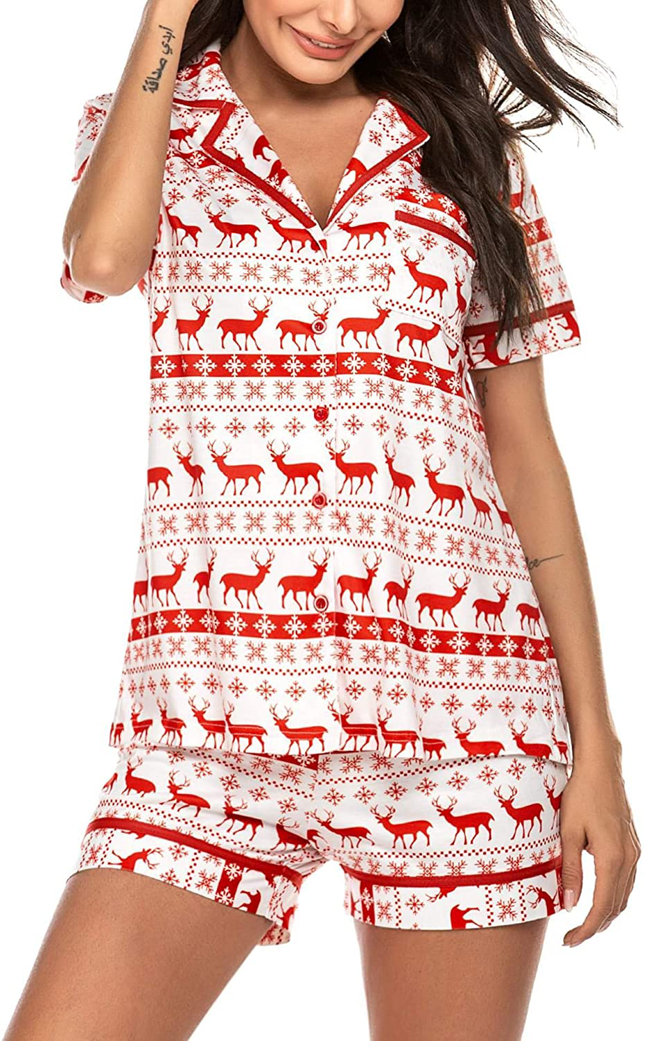 Ekouaer Pajamas Soft Striped Women's Short Sleeve Button Sleepwear Shorts Shirt PJ Set(S-XXL) Apparel & Accessories > Clothing > Sleepwear & Loungewear > Pajamas Ekouaer A-christmas Printed Reindeer Large 