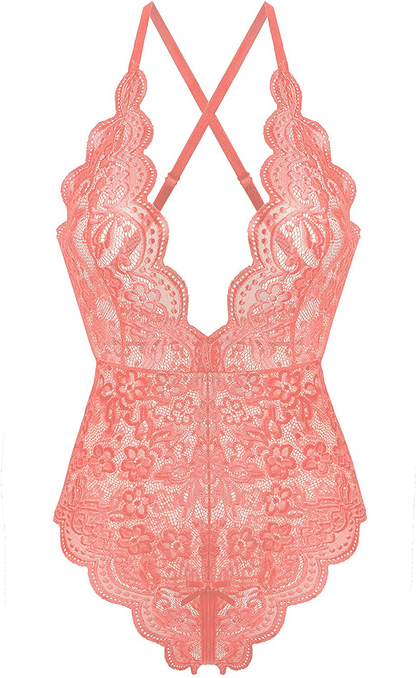 Donnalla Women's One Piece Teddy Plunging Lace Bodysuit Elegant Honeymoon Lingerie Apparel & Accessories > Clothing > Underwear & Socks > Lingerie Donnalla Pink Large 