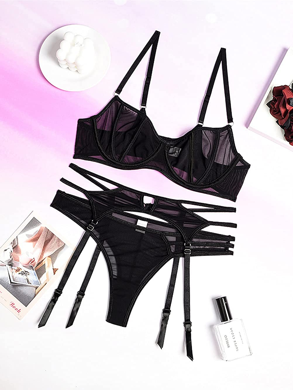 Kaei&Shi Sheer Mesh,Underwire,Cutout Thong,Garter Bet,3 Piece Lingerie Set Apparel & Accessories > Clothing > Underwear & Socks > Lingerie Kaei&Shi   