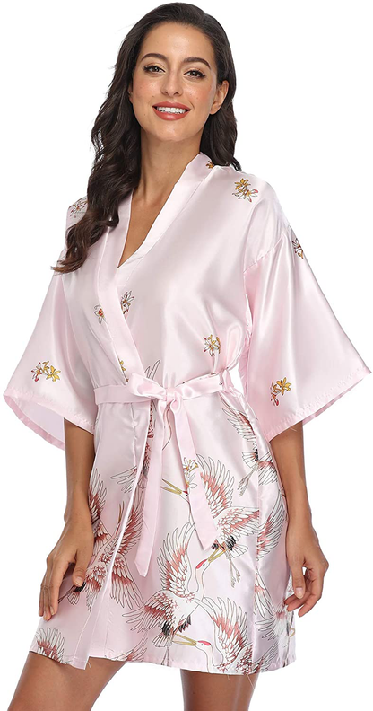 Original Kimono Women'S Floral Crane Kimono Robe Short Silky Sleepwear plus Size Satin Spa Party Dressing Gown Apparel & Accessories > Clothing > Sleepwear & Loungewear > Robes Original Kimono   