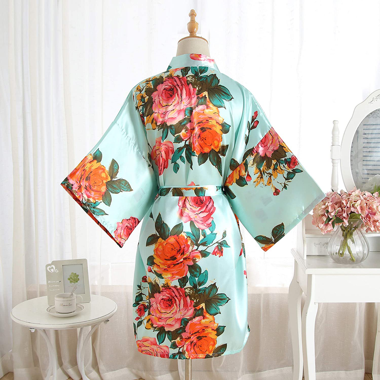 Peony Floral Silk Kimono Robe Bride Bridal Bridesmaid Robes Dressing Gown Housecoat Bathrobe for Women Apparel & Accessories > Clothing > Sleepwear & Loungewear > Robes QXQTER   