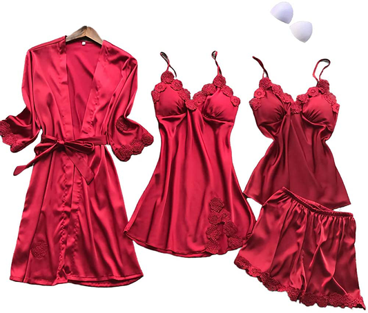 SAPJON Women'S 4Pcs Silk Satin Pajama Set Sexy Cami Top Nightgown Lace Sleepwear Robe Sets Nightdress with Chest Pads Apparel & Accessories > Clothing > Sleepwear & Loungewear Kylie Max   