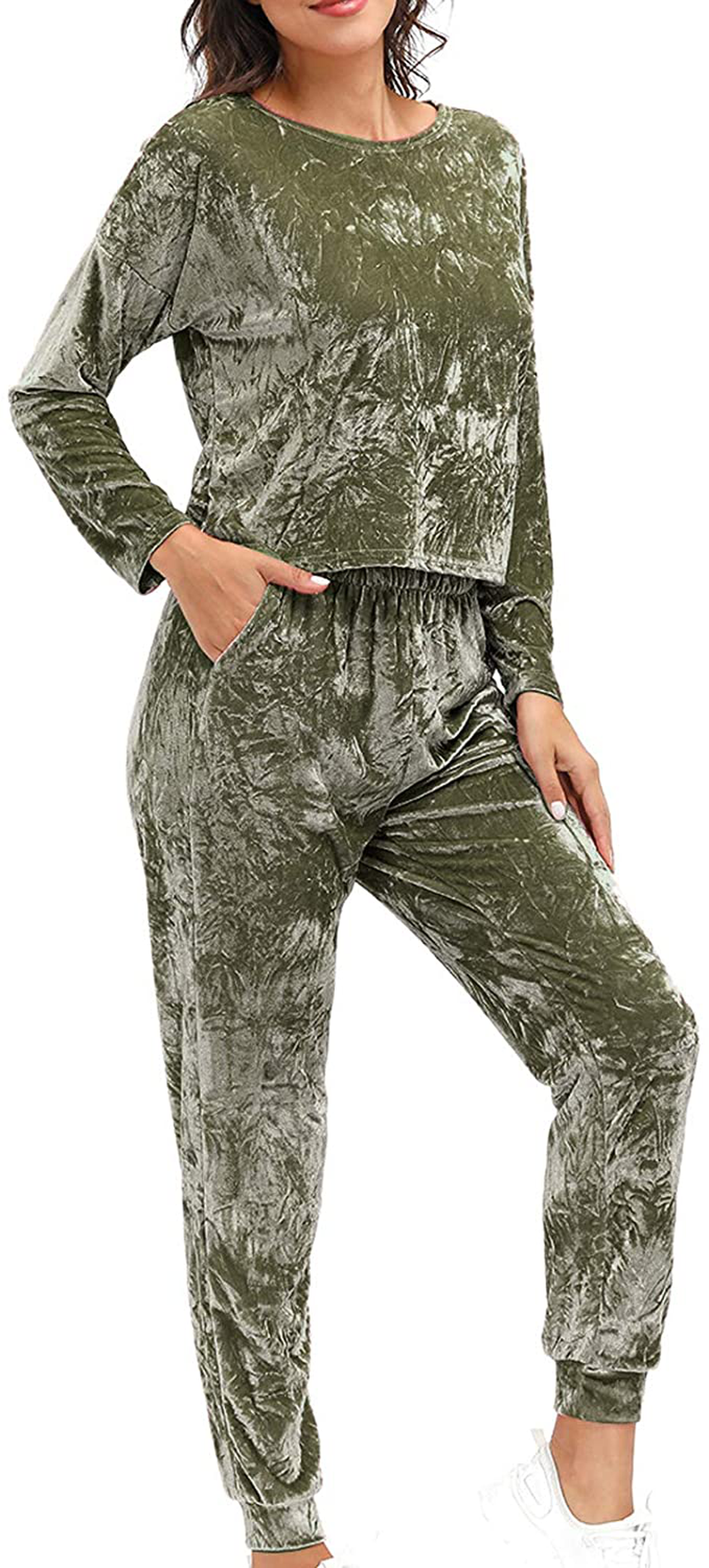 Velvet Lounge Set For Women - Wrinkle Solid Two Piece Loungewear Pajamas Tracksuit Sets Apparel & Accessories > Clothing > Sleepwear & Loungewear > Pajamas Lexiart Green Gray Medium 