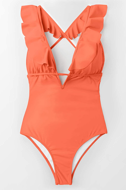 CUPSHE Women'S One Piece Swimsuit Ruffle Deep V Neck Strappy Swimwear Bathing Suits Apparel & Accessories > Clothing > Swimwear Kylie Max   