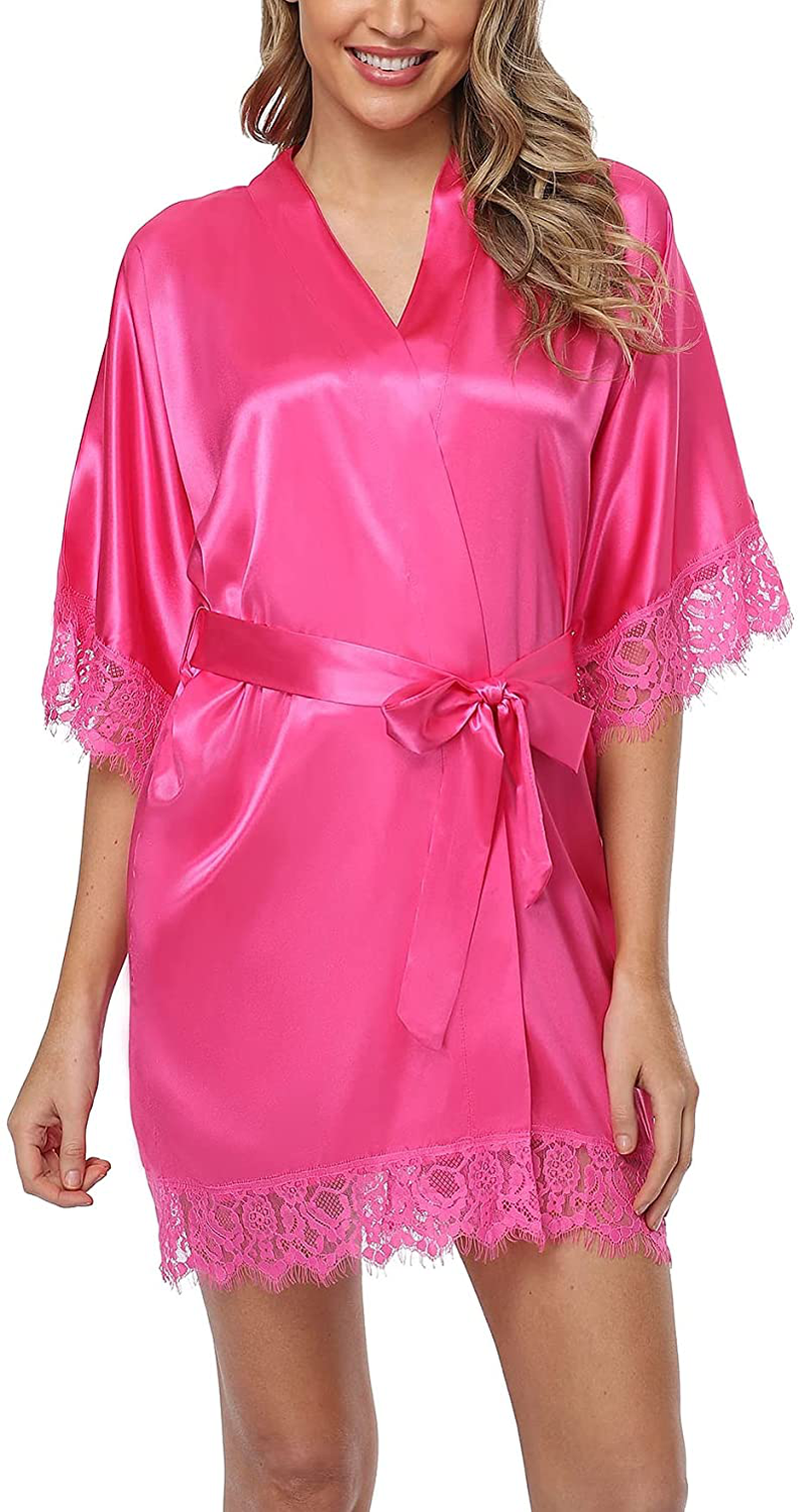 Old-Times Women Satin Short Robes for Bridesmaid Bride Sexy Nightgown Lace Trim Lightweight Bathrobe Apparel & Accessories > Clothing > Sleepwear & Loungewear > Robes Old-Times Rosy XX-Large 