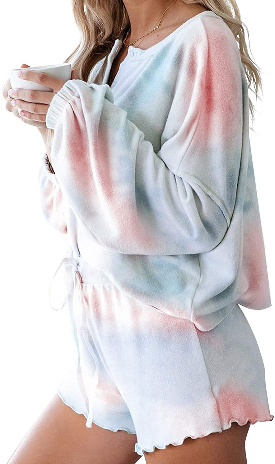 Century Star Women Pajamas Tie Dye Print Long Sleeve Shirt Elastic Drawstring Shorts 2 Piece Set Sleepwear Loungewear Apparel & Accessories > Clothing > Sleepwear & Loungewear > Pajamas Kylie Max   