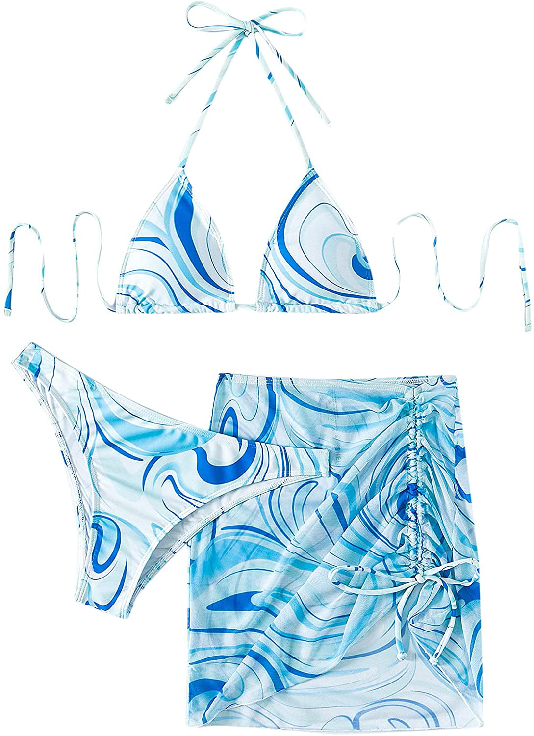 SOLY HUX Women's Wrap Triangle Bikini Bathing Suits with Mesh Beach Skirt 3 Piece Swimsuits Apparel & Accessories > Clothing > Swimwear KYLIE MAX Blue Allover Print Large 