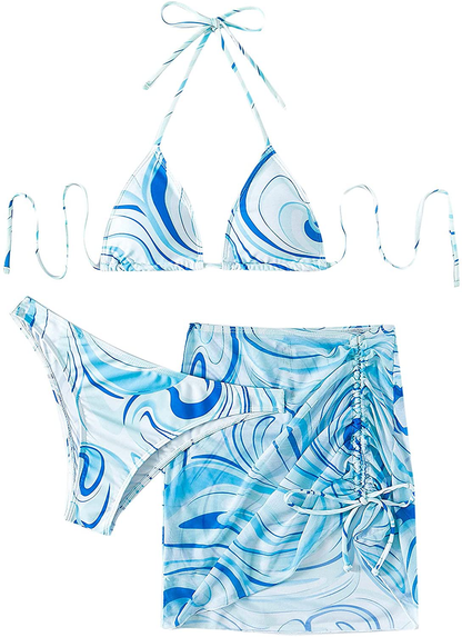 SOLY HUX Women's Wrap Triangle Bikini Bathing Suits with Mesh Beach Skirt 3 Piece Swimsuits Apparel & Accessories > Clothing > Swimwear KYLIE MAX Blue Allover Print Large 