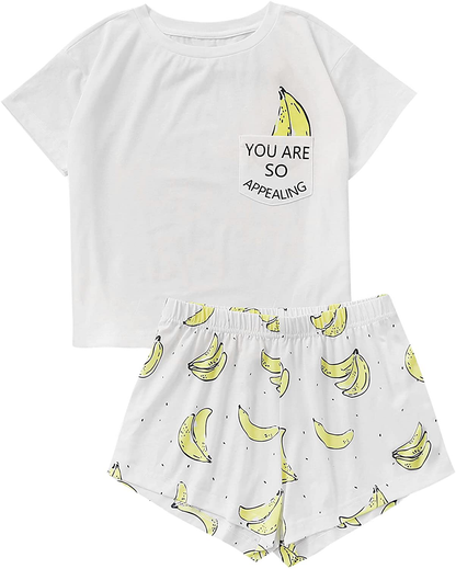 DIDK Women'S Cute Cartoon Print Tee and Shorts Pajama Set Apparel & Accessories > Clothing > Sleepwear & Loungewear > Pajamas Kylie Max   