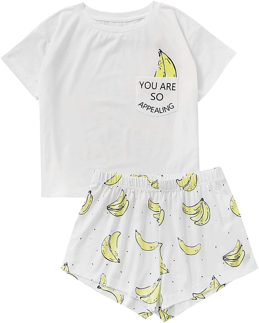 DIDK Women'S Cute Cartoon Print Tee and Shorts Pajama Set Apparel & Accessories > Clothing > Sleepwear & Loungewear > Pajamas Kylie Max   