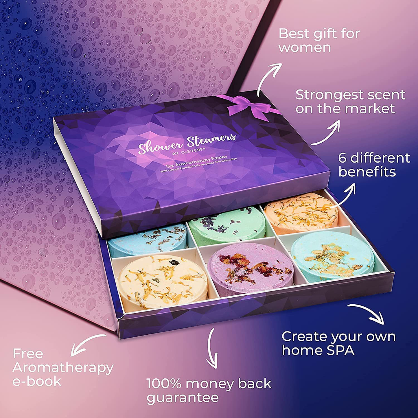 Cleverfy Aromatherapy Shower Steamers - Variety Pack of 6 Shower Bombs with Essential Oils. Purple Set: Lavender, Watermelon, Grapefruit, Menthol & Eucalyptus, Vanilla & Sweet Orange, Peppermint Arts & Entertainment > Party & Celebration > Gift Giving CLEVERFY   