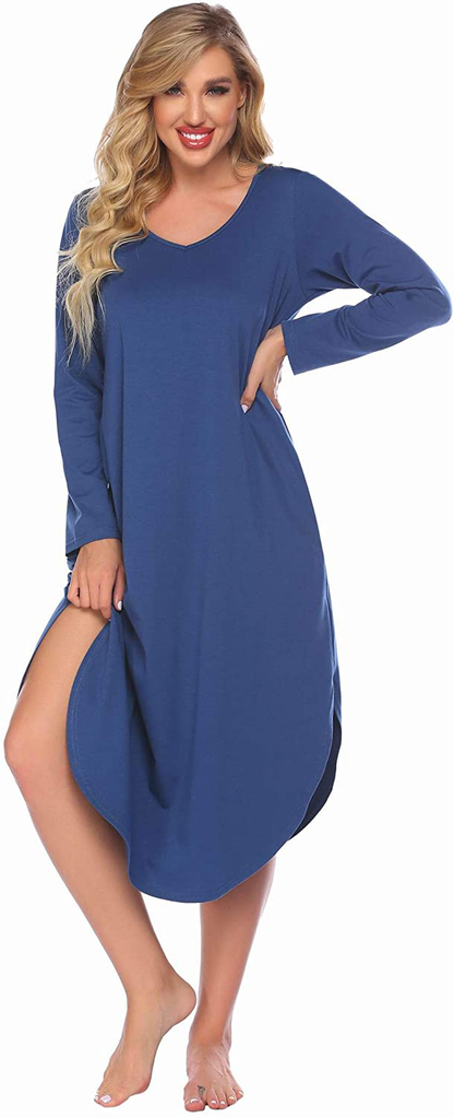 Ekouaer Nightgowns Womens V Neck Nightshirts Long Sleeve Sleepwear plus Size Night Wear S-XXL Apparel & Accessories > Clothing > Sleepwear & Loungewear > Nightgowns Kylie Max   