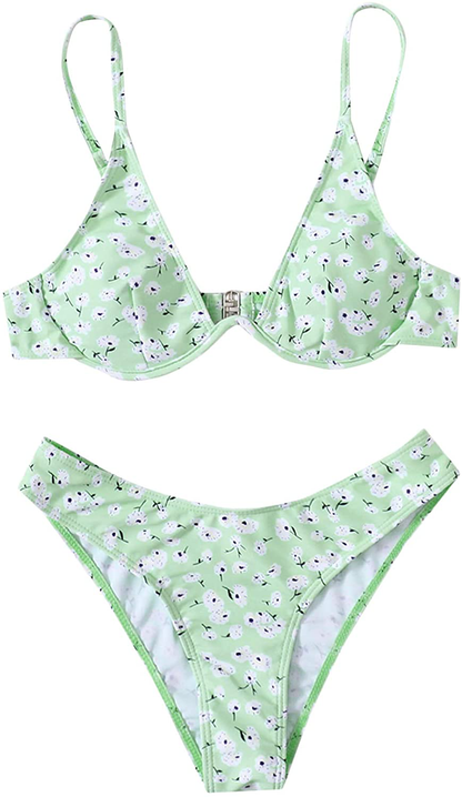 SweatyRocks Women's Sexy Bathing Suits Spaghetti Strap Floral Bikini Set Underwire Swimsuit Apparel & Accessories > Clothing > Swimwear SweatyRocks Floral Green X-Small 