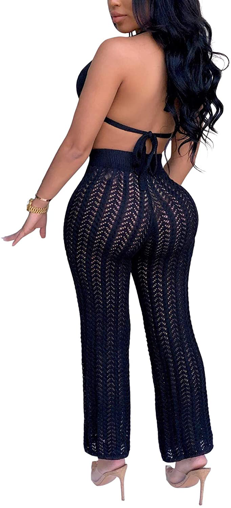 Salimdy Women Hollow Out Knitted See through 2 Piece Outfits Halter Bandeau Top Long Pant Bikini Cover Up Apparel & Accessories > Clothing > Swimwear Kylie Max   