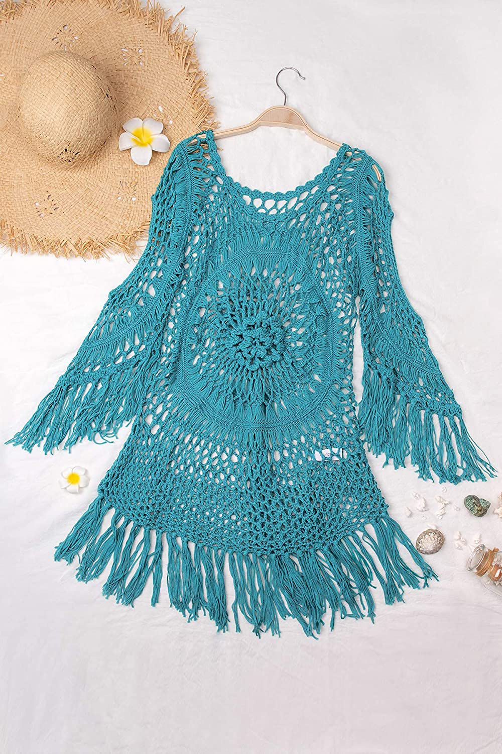 CUPSHE Women'S Cover up White Crochet Hollow Out Tassel Swimsuit Three Quarter Sleeve Apparel & Accessories > Clothing > Swimwear Kylie Max   