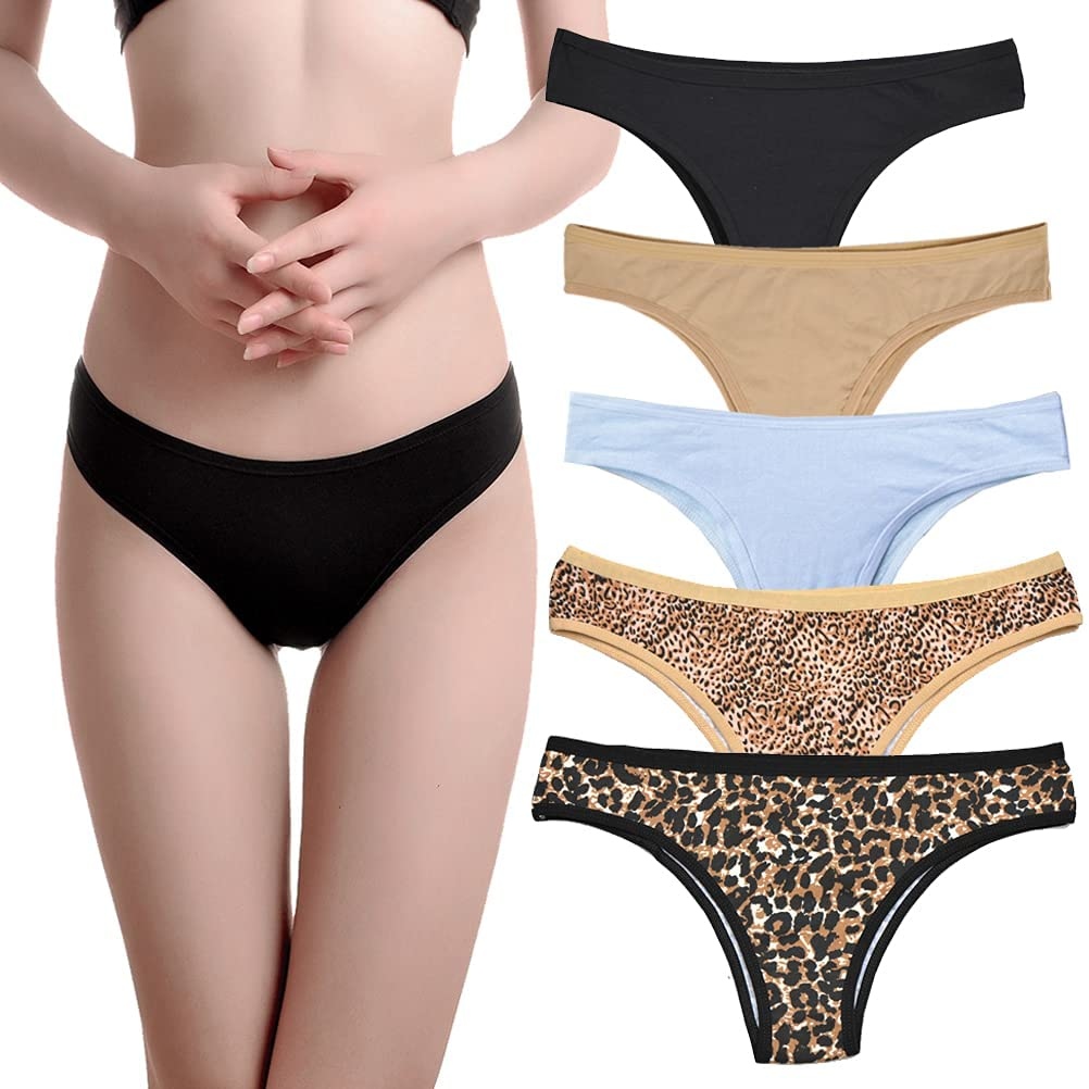 Nightaste Womens Cotton Cheeky Bikini Underwear Pack of 5Pcs Low Rise Half Back Coverage Tanga Panties Apparel & Accessories > Clothing > Underwear & Socks > Underwear Nightaste 2leopard/Black/Beige/White X-Large(waist: 30.51") 