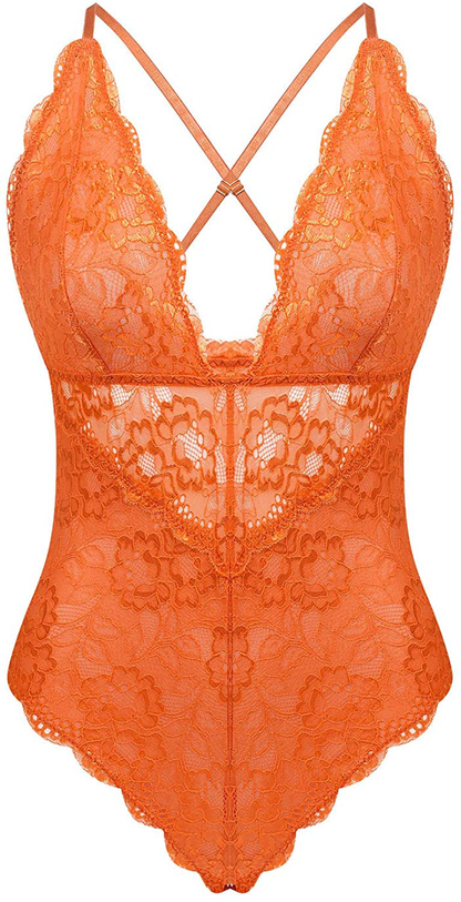 Aranmei Women Deep V Sexy Lace Bodysuit Snap Crotch Lingerie Teddy Underwear Apparel & Accessories > Clothing > Underwear & Socks > Lingerie Aranmei Orange X-Large 