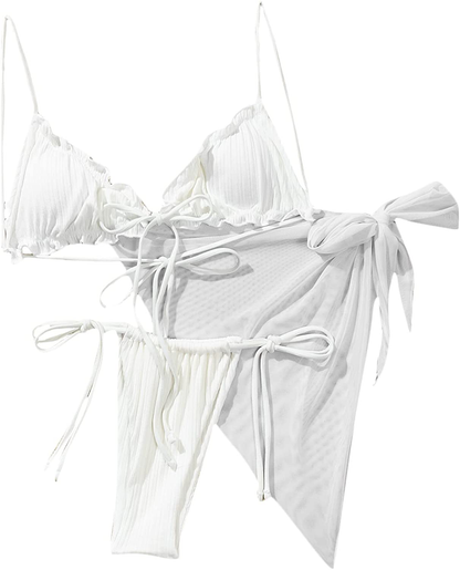 SOLY HUX Women's Wrap Triangle Bikini Bathing Suits with Mesh Beach Skirt 3 Piece Swimsuits Apparel & Accessories > Clothing > Swimwear KYLIE MAX White Plain Small 