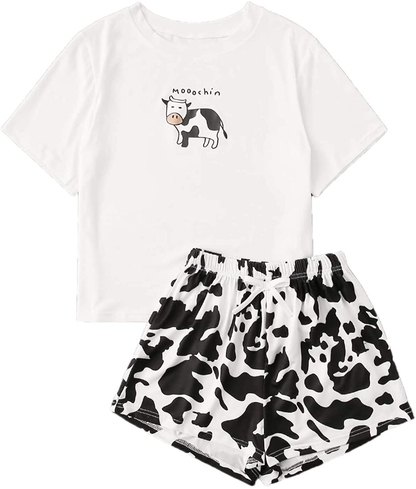 DIDK Women's Cute Cartoon Print Tee and Shorts Pajama Set Apparel & Accessories > Clothing > Sleepwear & Loungewear > Pajamas DIDK Black and White Large 