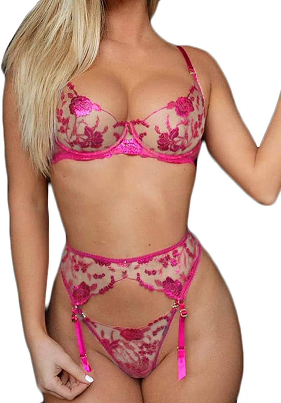 Kaei&Shi Garter Lingerie for Women,Embroidered Underwire Sexy Lingerie, High Waisted 3 Piece Lingerie Set Apparel & Accessories > Clothing > Underwear & Socks > Lingerie Kaei&Shi   