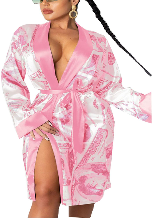 Women Money Print Silky Robes Long Sleeve Dollars Pattern Kimono Satin Robe Pjs Loungewear Sleepwear Apparel & Accessories > Clothing > Sleepwear & Loungewear > Robes Andannby Pink Small 