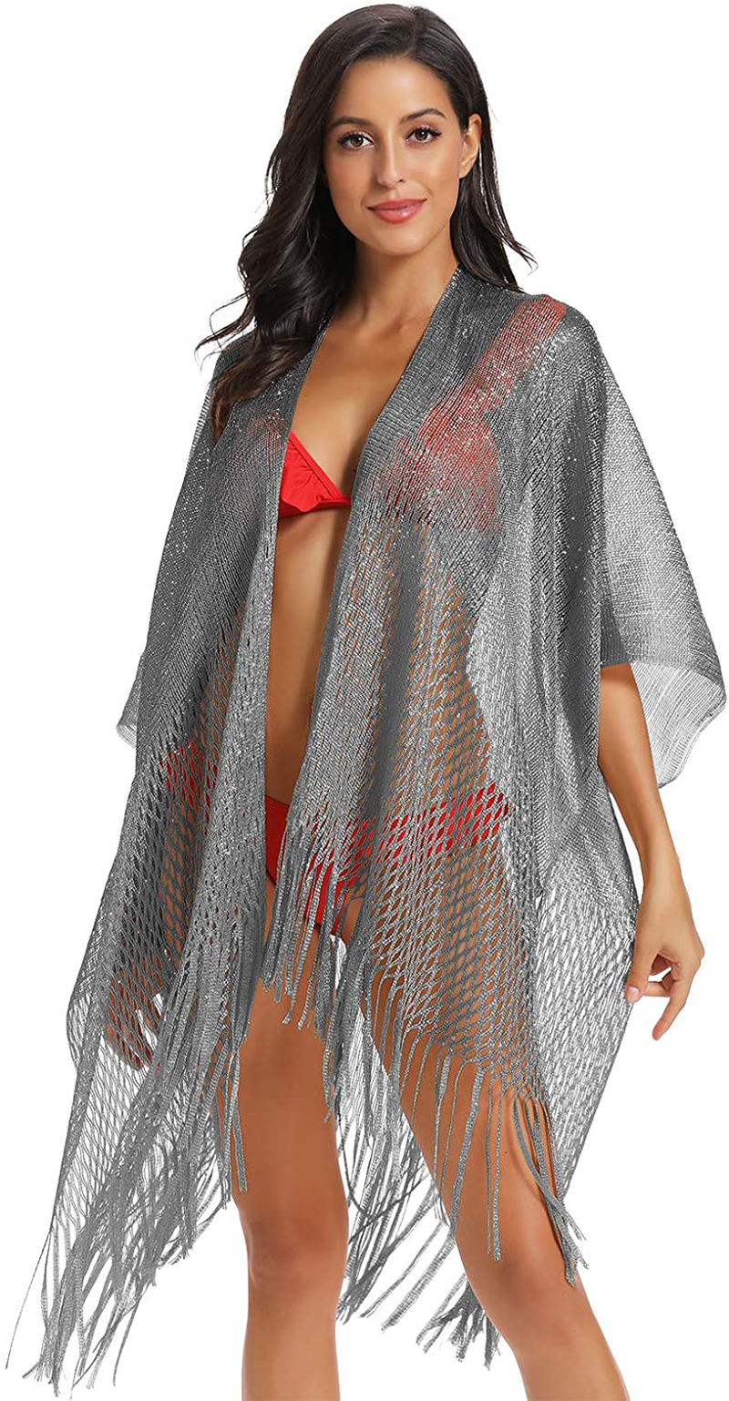 Metallic Sparkly Kimono Cardigan Swimsuit Beach Bikini Cover Ups Open Front Casual Blouse Tops Apparel & Accessories > Clothing > Swimwear Kylie Max   