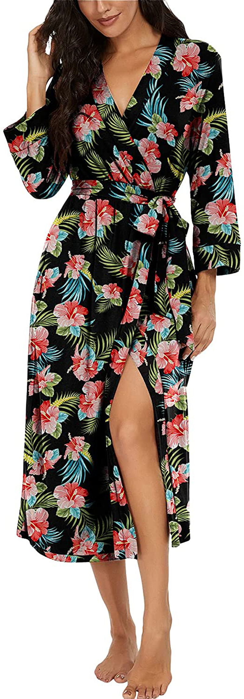 VINTATRE Women Kimono Robes Long Knit Bathrobe Lightweight Soft Knit Sleepwear V-Neck Casual Ladies Loungewear Apparel & Accessories > Clothing > Sleepwear & Loungewear > Robes VINTATRE Black Hibiscus Large 