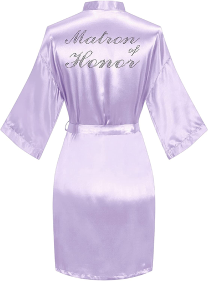 Sunshinemall Women'S Satin Kimono Robes with Rhinestones Bride Bridesmaid Short Sleepwear Wedding Dressing Gown Apparel & Accessories > Clothing > Sleepwear & Loungewear > Robes sunshinemall Matron of Honor-light Purple Small-Medium 