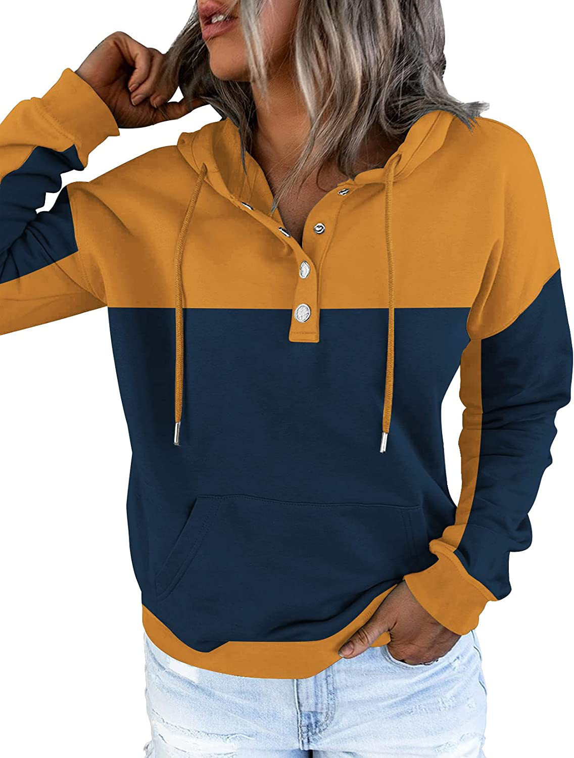 ETCYY Women'S Color Block Hoodies Tops Long Sleeve Casual Drawstring Button down Pullover Sweatshirt with Pocket Apparel & Accessories > Clothing > Activewear Kylie Max   