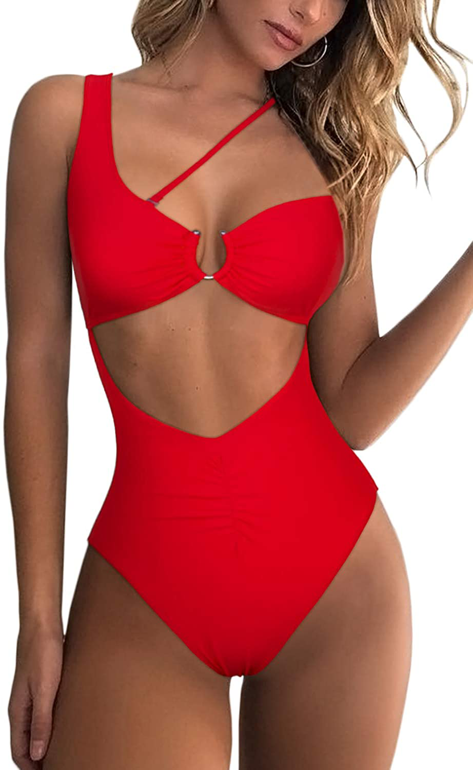 QINSEN Womens One Shoulder Cutout Ruched Back High Cut Monokini One Piece Swimsuit Apparel & Accessories > Clothing > Swimwear Kylie Max   