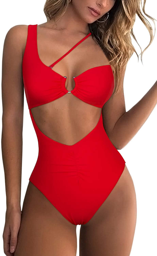 QINSEN Womens One Shoulder Cutout Ruched Back High Cut Monokini One Piece Swimsuit Apparel & Accessories > Clothing > Swimwear Kylie Max   