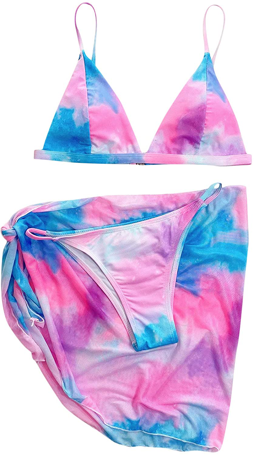 SOLY HUX Women's Wrap Triangle Bikini Bathing Suits with Mesh Beach Skirt 3 Piece Swimsuits Apparel & Accessories > Clothing > Swimwear KYLIE MAX Blue Pink Small 
