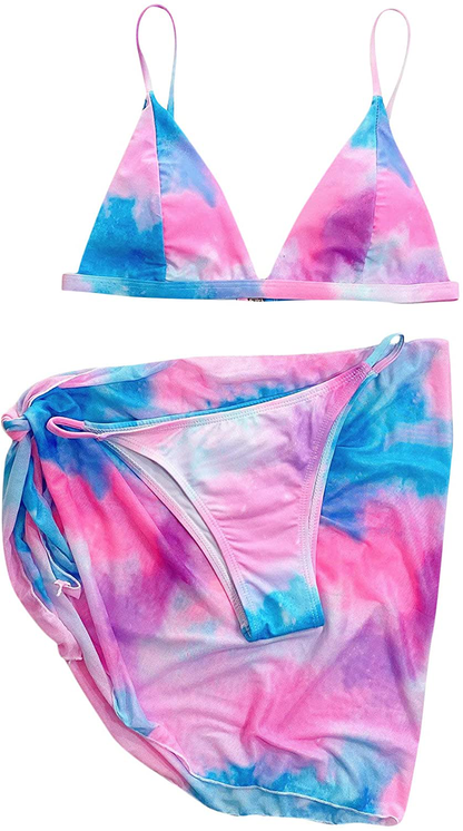SOLY HUX Women's Wrap Triangle Bikini Bathing Suits with Mesh Beach Skirt 3 Piece Swimsuits Apparel & Accessories > Clothing > Swimwear KYLIE MAX Blue Pink Small 