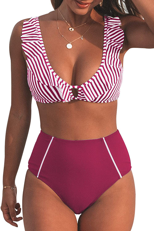 CUPSHE Women's High Waist Bikini Swimsuit Ruffle Floral Print Two Piece Bathing Suit Apparel & Accessories > Clothing > Swimwear CUPSHE Mulberry Medium 