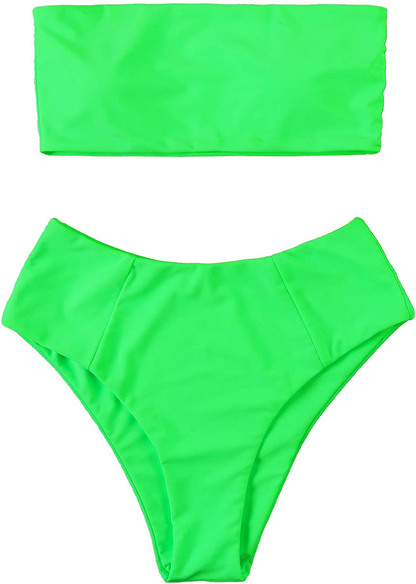 OMKAGI Women's 2 Pieces Bandeau Bikini Swimsuits Off Shoulder High Waist Bathing Suit High Cut Apparel & Accessories > Clothing > Swimwear OMKAGI 3-green Medium 