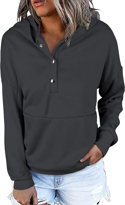 KIRUNDO Women'S Long Sleeve Casual Sweatshirts Women Hoodies Solid Color Button Collar Fall Pullover Tops Apparel & Accessories > Clothing > Activewear Kylie Max   
